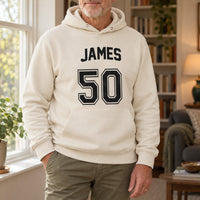 Sand hoodie with the Team Style Name and Age design printed on the chest