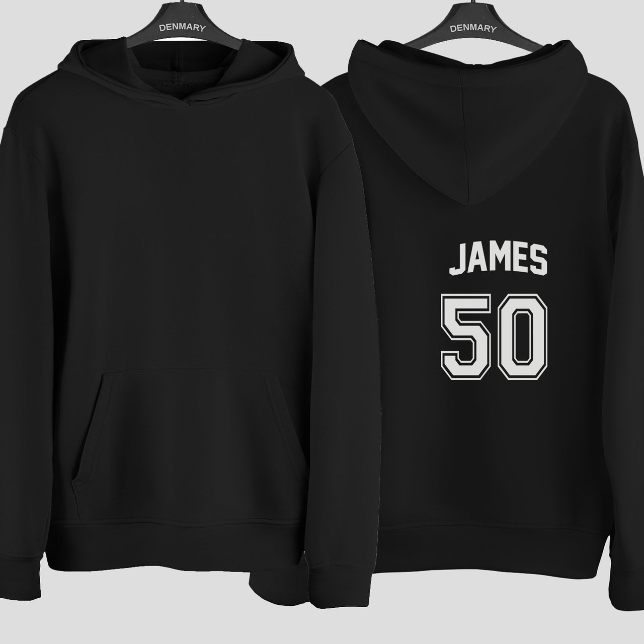 Team Style Name & Number Iron-On Transfer - Personalised Birthday Jersey Print shown on a hoodie