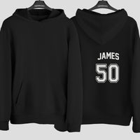 Team Style Name & Number Iron-On Transfer - Personalised Birthday Jersey Print shown on a hoodie