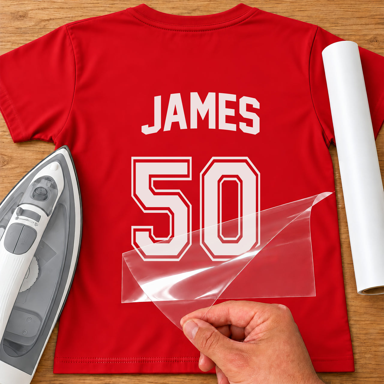 Red T-shirt back with white 'JAMES' and outlined jersey number '50', personalised name and number iron-on transfer