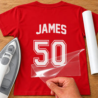Red T-shirt back with white 'JAMES' and outlined jersey number '50', personalised name and number iron-on transfer