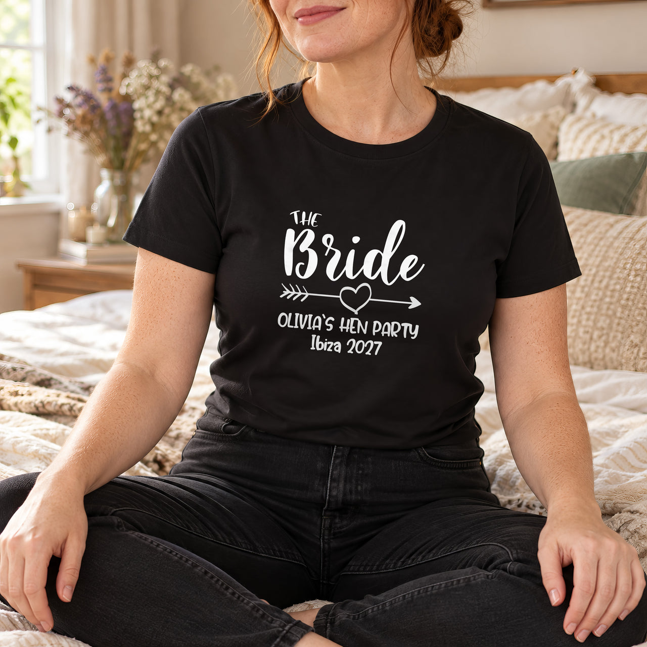 Black T-shirt with the The Bride Arrow Heart Bold design printed on the chest