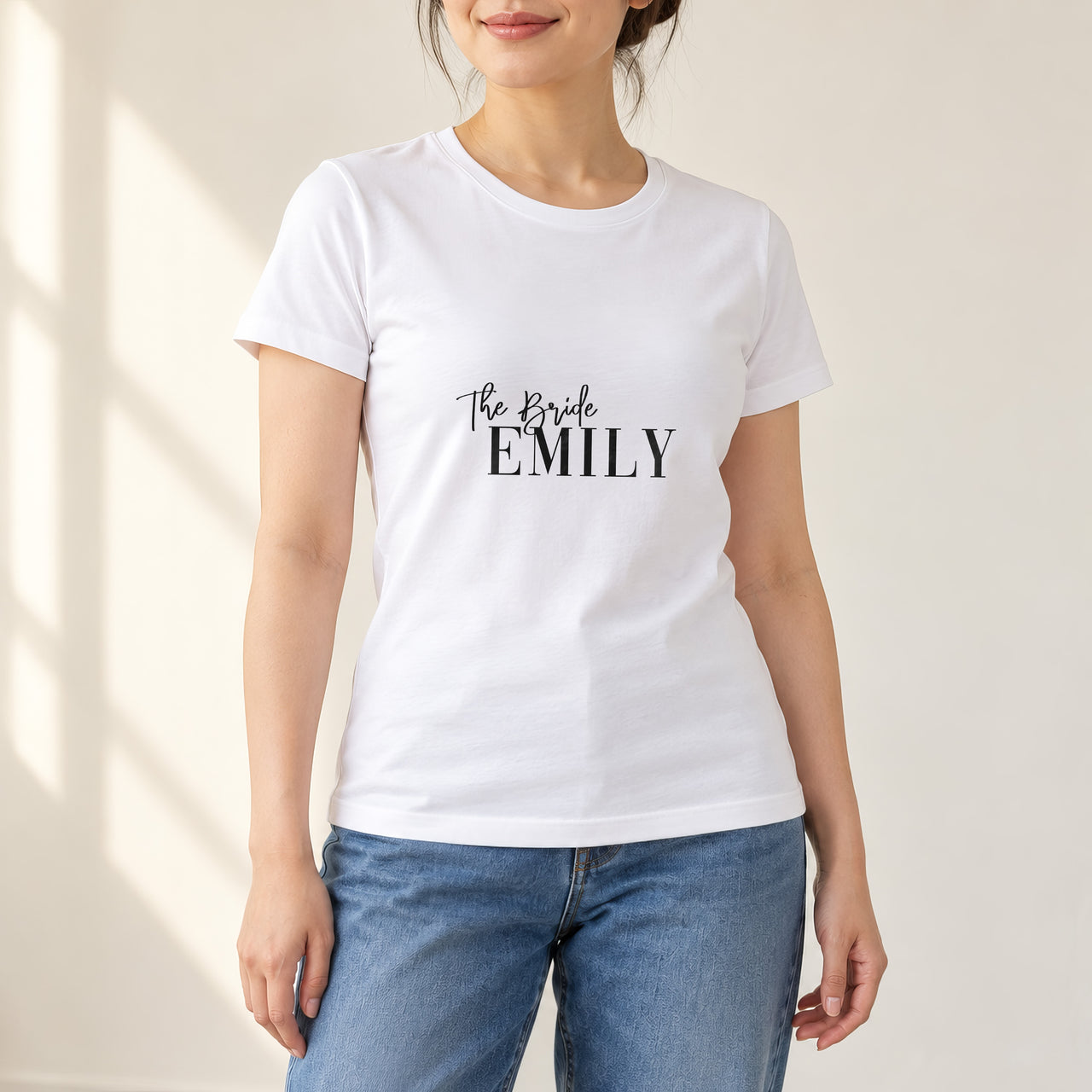 White T-shirt with the The Bride Serif Name design printed on the chest