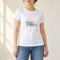 White T-shirt with the The Bride Serif Name design printed on the chest