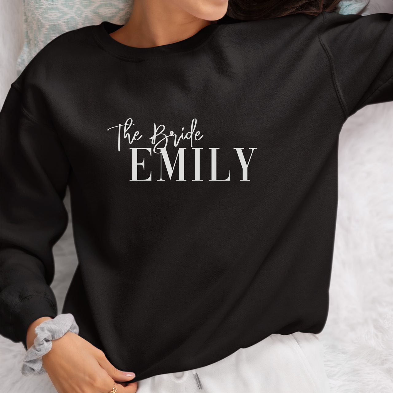 The Bride Iron-On Transfer - Personalised Wedding Design shown on a sweatshirt