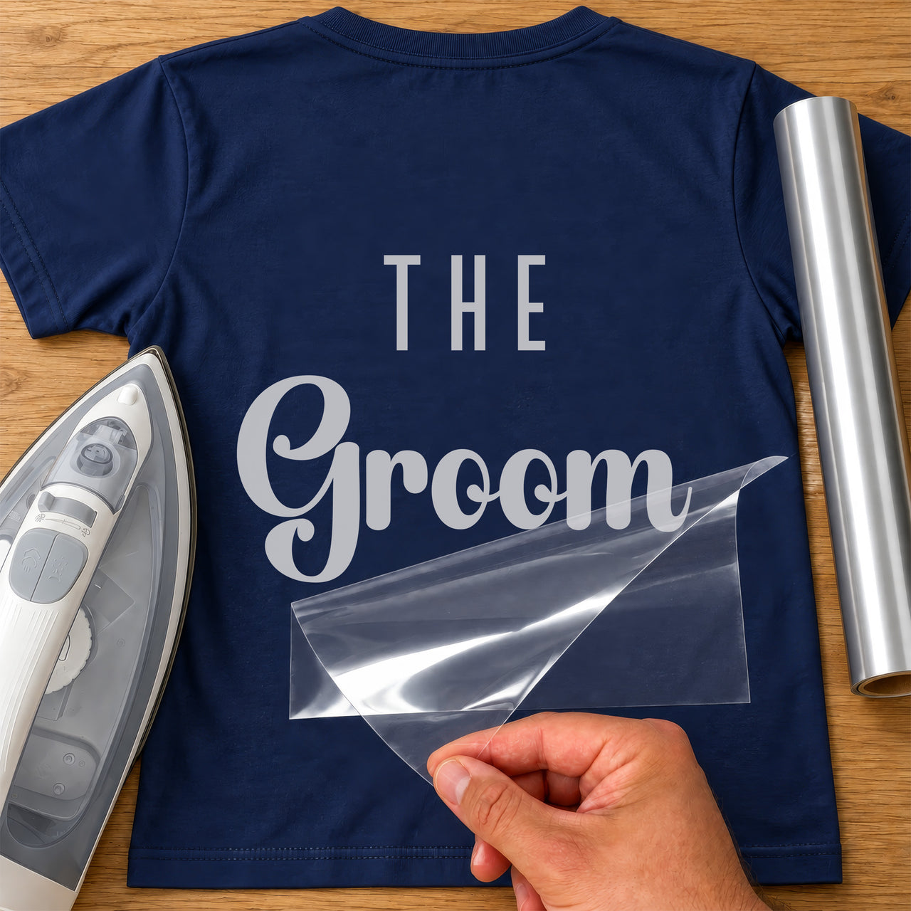 Navy T-shirt back with silver iron-on lettering 'The' in spaced capitals over script 'Groom', mockup