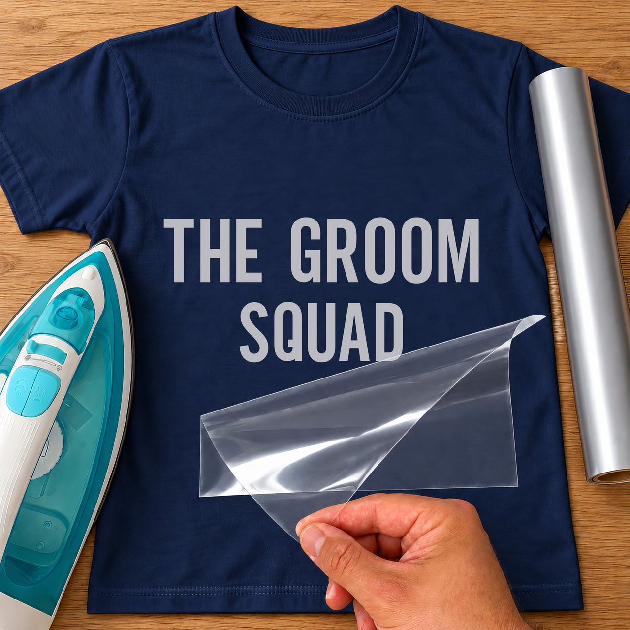 Navy T-shirt with silver 'THE GROOM SQUAD' iron-on transfer, clear carrier sheet lifted by hand next to an iron