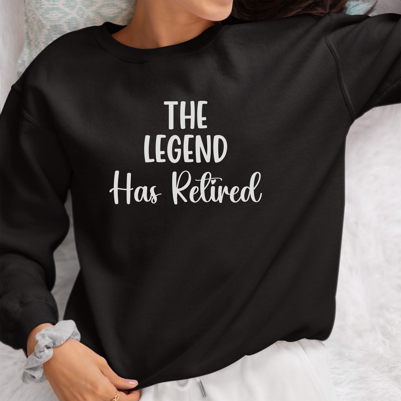 The Legend Has Retired Iron-On Transfer - Retirement HTV Design shown on a sweatshirt