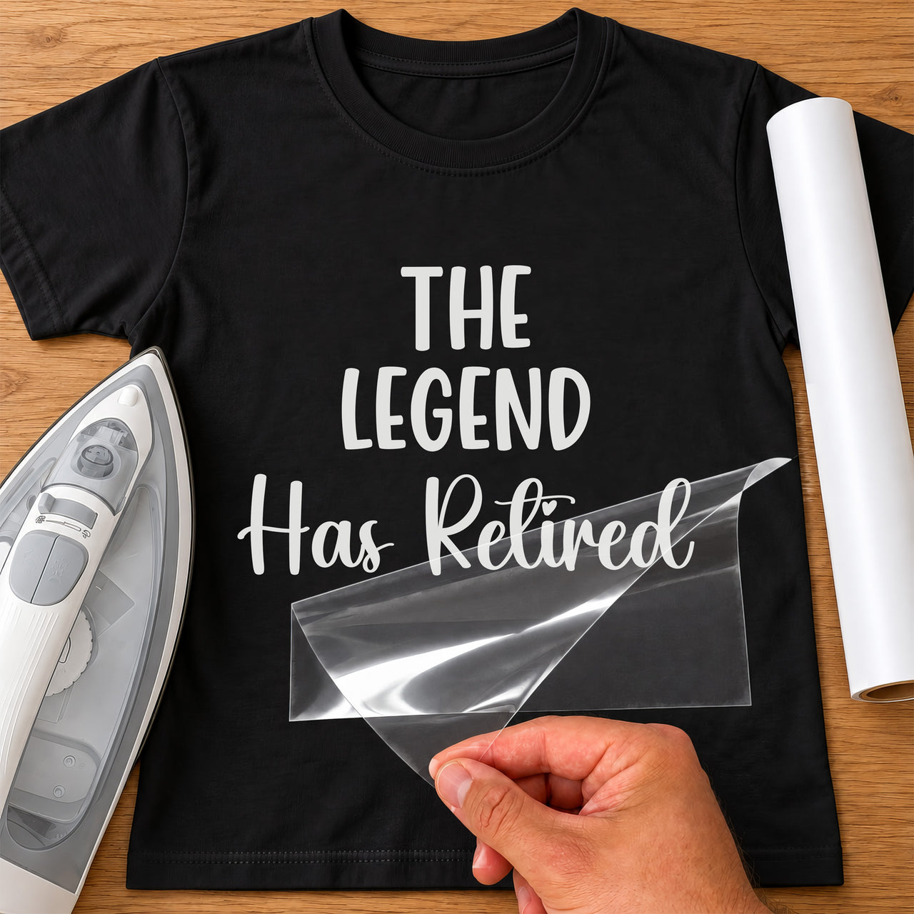 Black T-shirt with white 'THE LEGEND' capitals and 'Has Retired' script iron-on transfer, iron and white vinyl roll