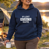 If lost return to name on a navy hoodie, full view