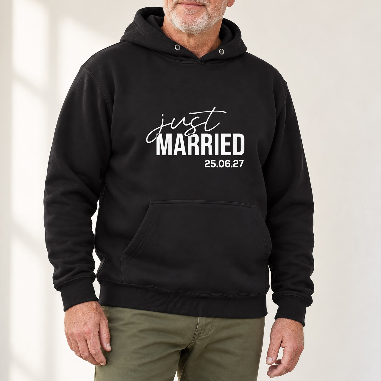 Just married on a black hoodie, full view