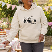 Just married on a sand hoodie, full view