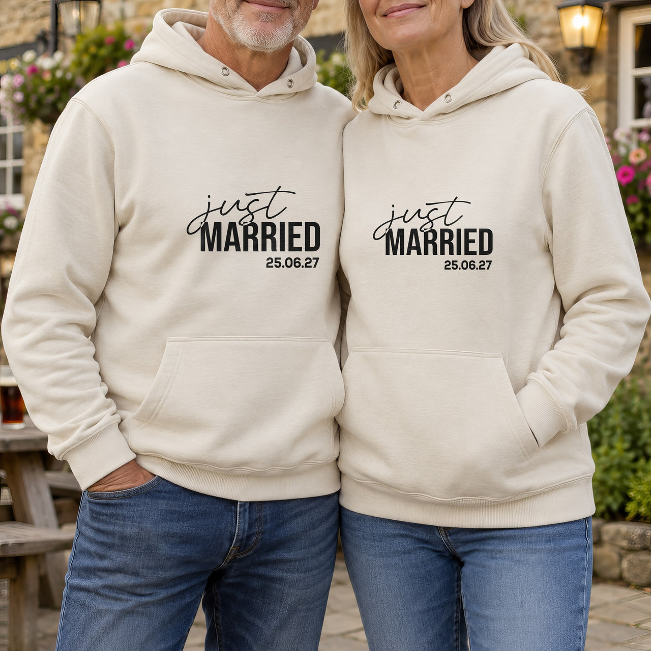 Just married on matching sand hoodies for a couple