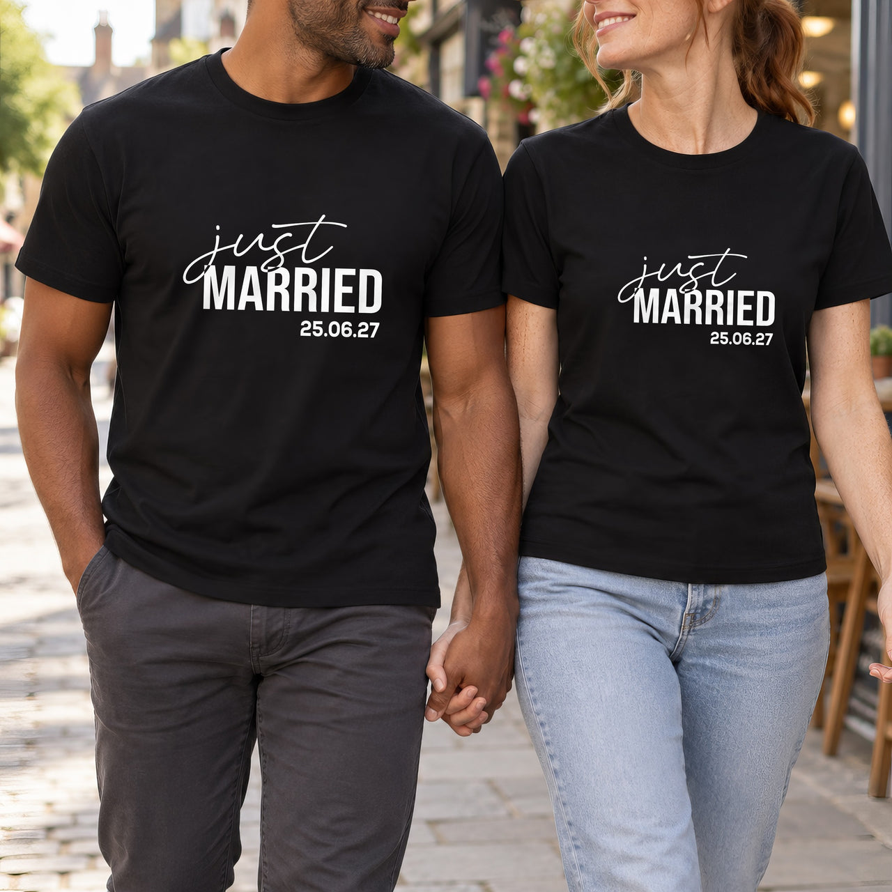 Just married on matching black T-shirts for a couple