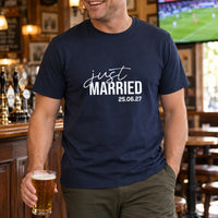 Just married on a navy T-shirt, full view