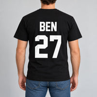 Black T-shirt with the Training Kit Name and Number design printed on the back