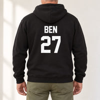 Black hoodie with the Training Kit Name and Number design printed on the back