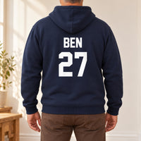 Navy hoodie with the Training Kit Name and Number design printed on the back