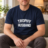 Navy T-shirt with the Trophy Husband design printed on the chest