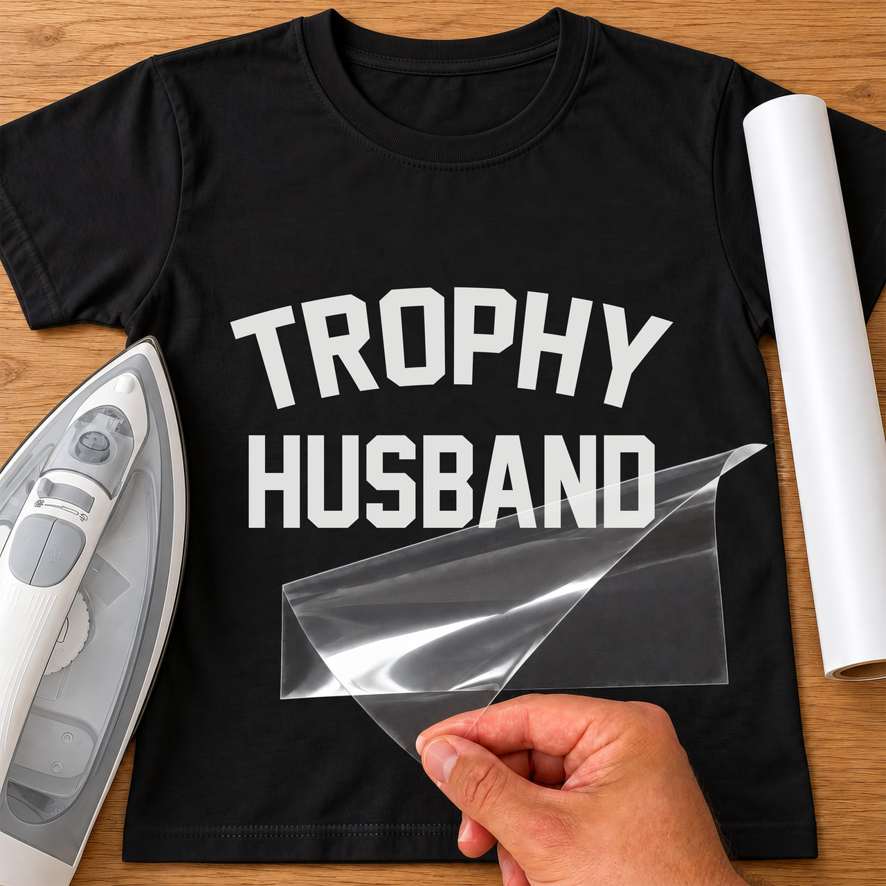 Black T-shirt with white iron-on vinyl 'TROPHY HUSBAND' in bold varsity letters, iron and vinyl roll