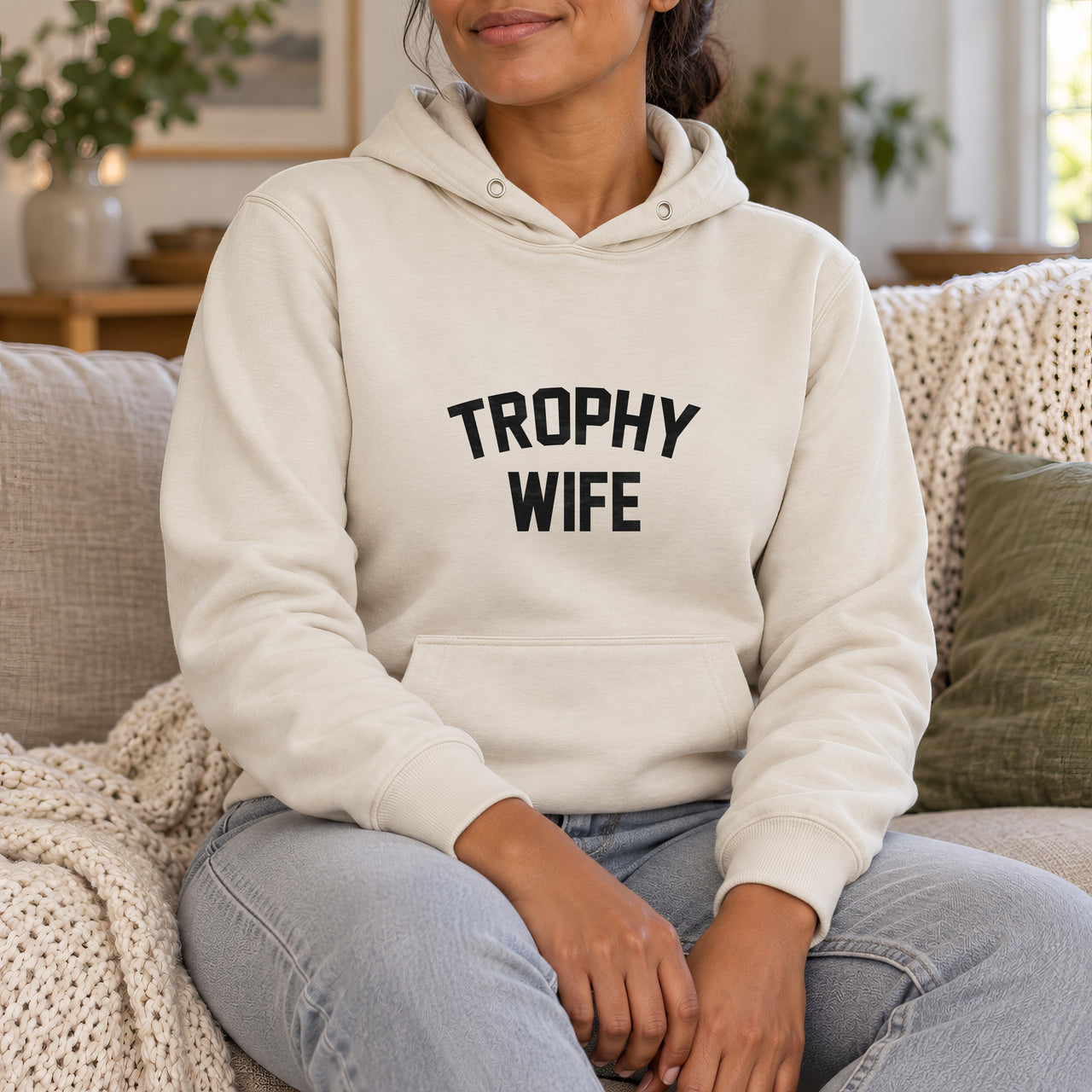 Sand hoodie with the Trophy Wife design printed on the chest