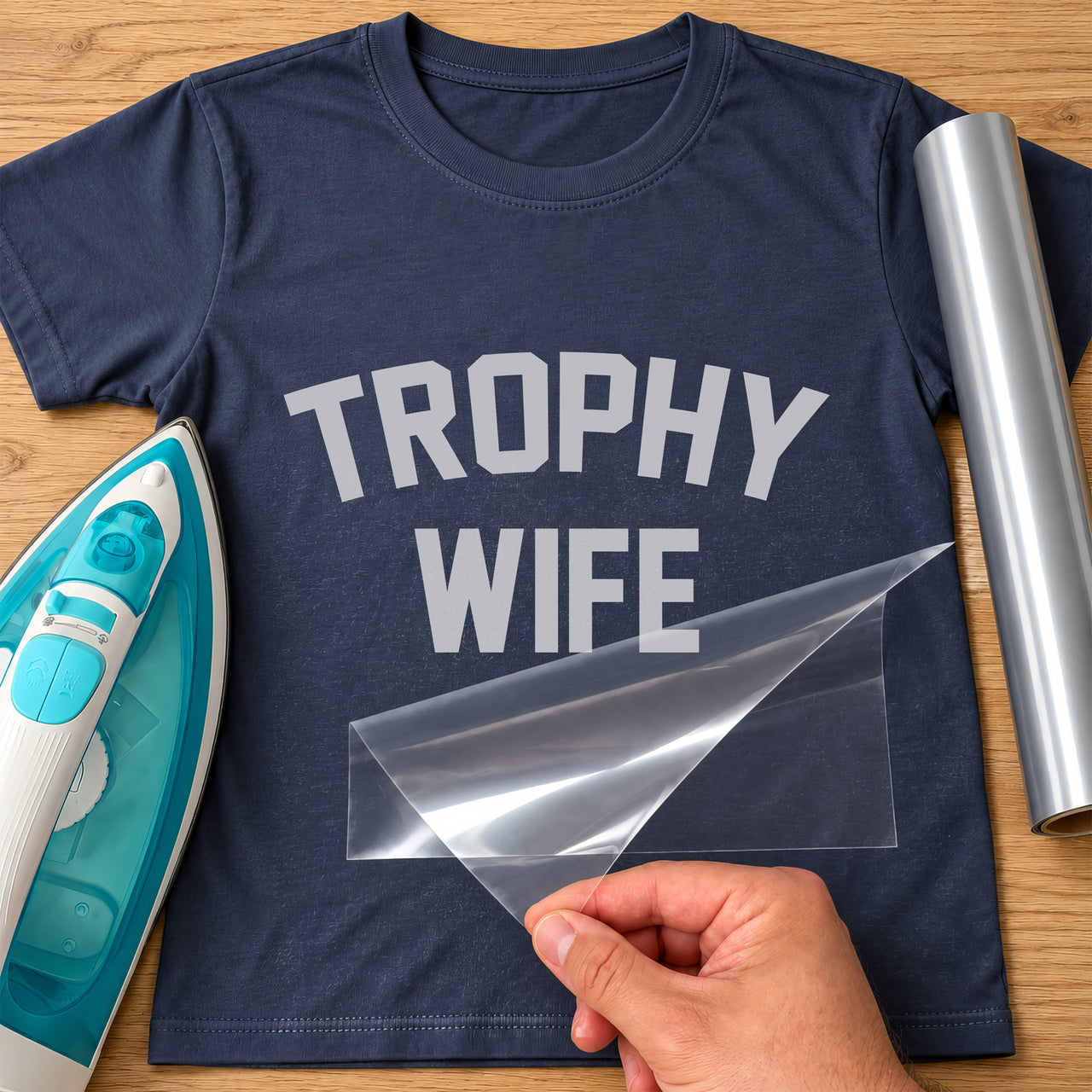 Navy T-shirt with grey 'TROPHY WIFE' iron-on transfer in arched varsity letters, iron and silver vinyl roll
