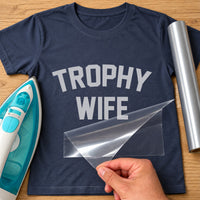 Navy T-shirt with grey 'TROPHY WIFE' iron-on transfer in arched varsity letters, iron and silver vinyl roll