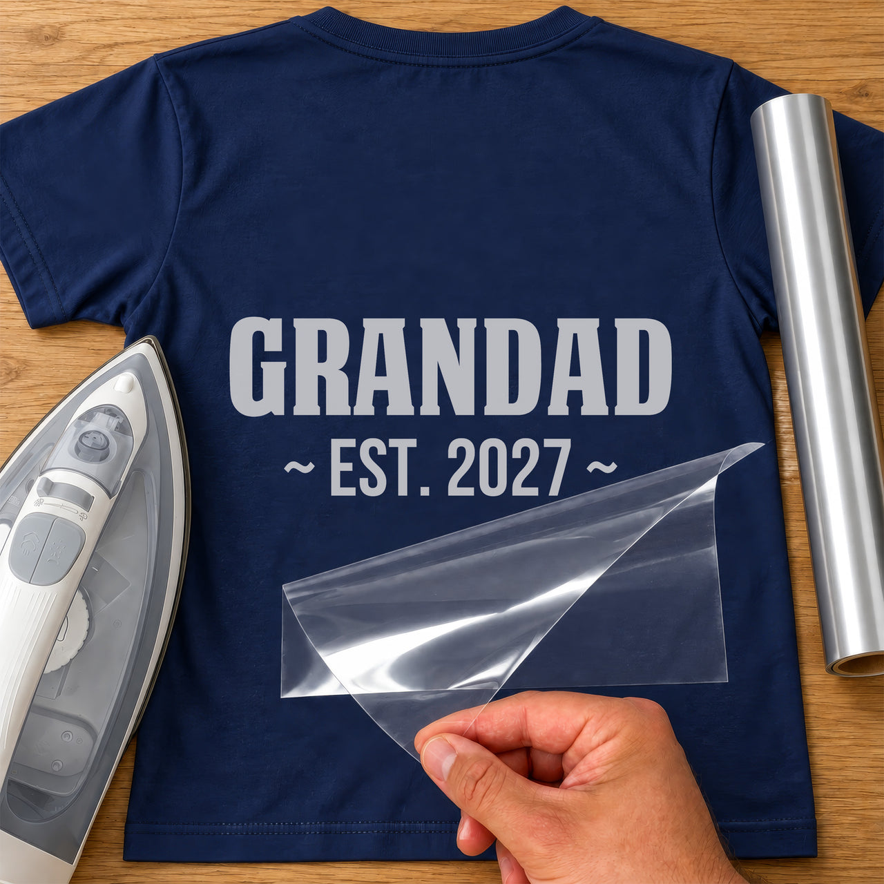 Grandad Est. Bold iron-on transfer on a t-shirt