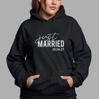 Just Married Script iron-on transfer shown on a hoodie