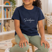 Unicorn Face Iron-On Transfer - Personalised Name Design for Kids, shown on a navy kids t-shirt