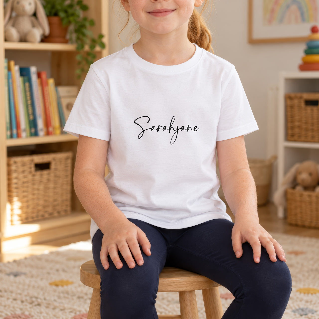 Unicorn Face Iron-On Transfer - Personalised Name Design for Kids, shown on a white kids t-shirt