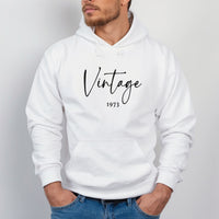 Vintage Birth Year Iron-On Transfer - Personalised 50th Birthday Design shown on a hoodie