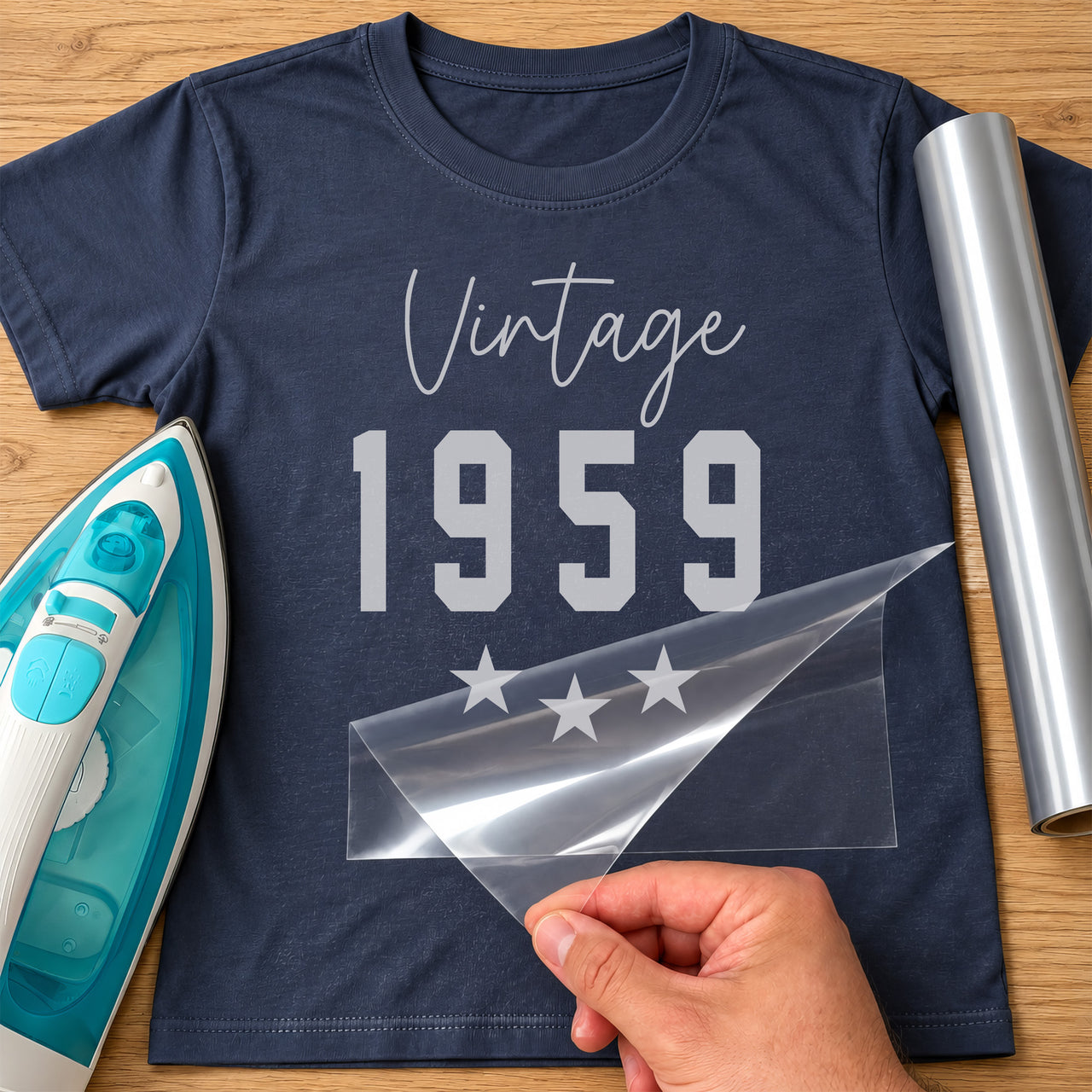 Navy T-shirt with silver 'Vintage 1959' and three stars, retro birth year HTV transfer shown with iron and roll
