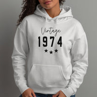Vintage Star Birth Year Iron-On Transfer - Personalised Retro Birthday Print shown on a hoodie