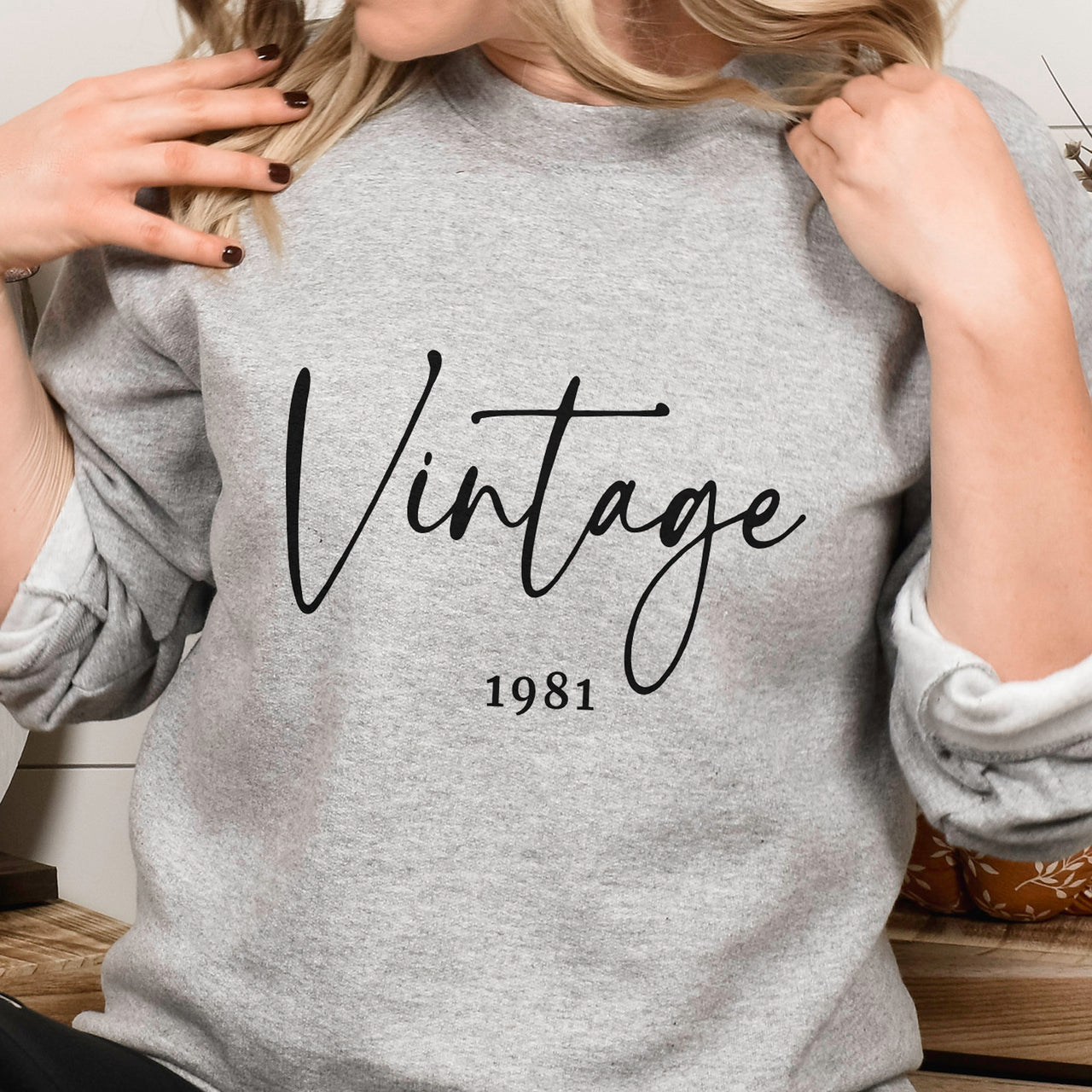 Vintage Year Birthday Iron-On Transfer shown on a sweatshirt