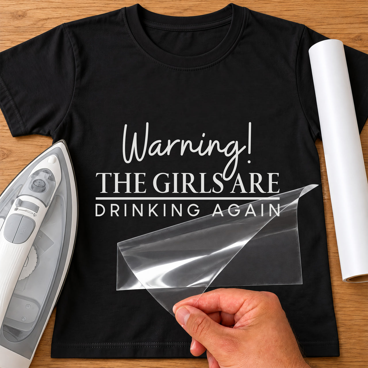 Black T-shirt mockup with white "Warning! THE GIRLS ARE DRINKING AGAIN" in mixed script and capitals, iron nearby