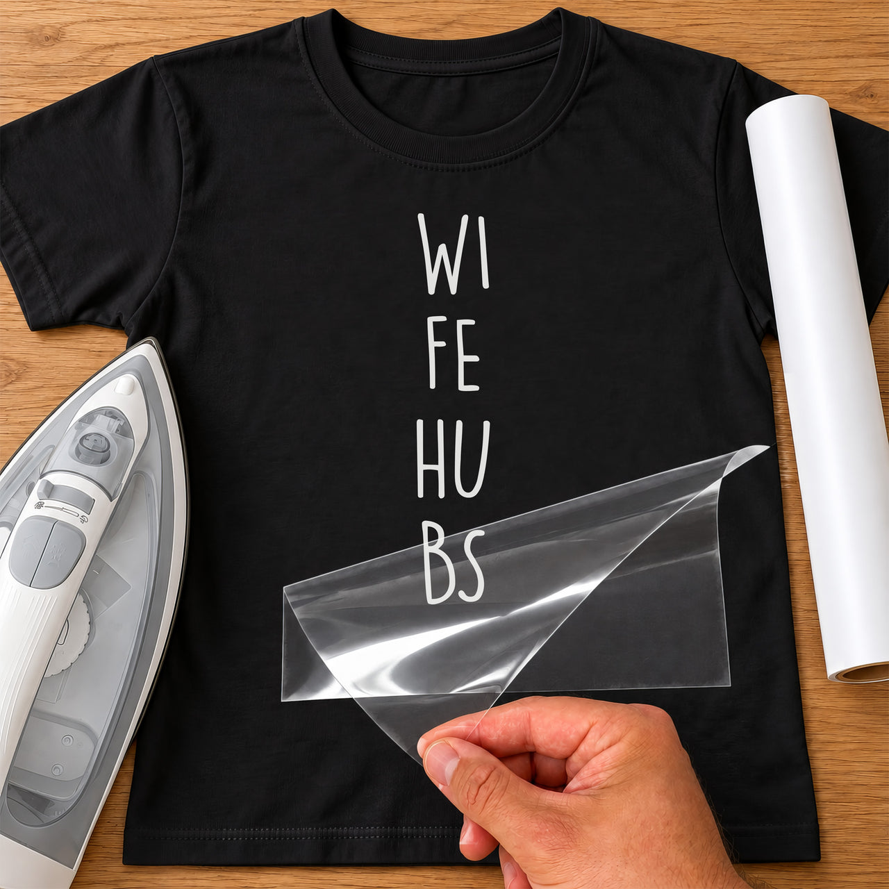 Black T-shirt with white 'Wife Hubs' iron-on lettering, clear carrier sheet being peeled off, iron beside it