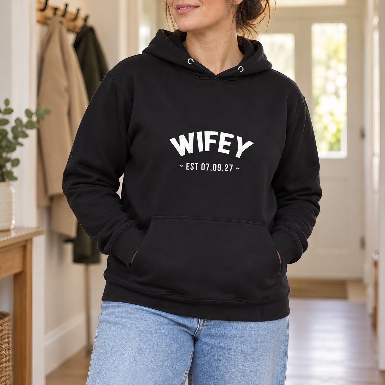 Wifey Est. Date Iron-On Transfer - Personalised Wedding Date, shown on a black hoodie