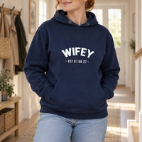 Wifey Est. Date Iron-On Transfer - Personalised Wedding Date, shown on a navy hoodie