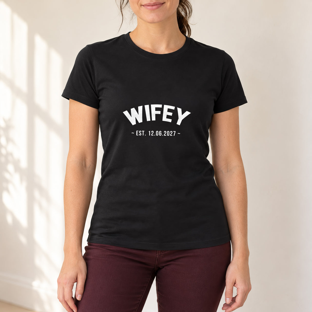 Wifey Established Date Iron-On Transfer, shown on a black t-shirt