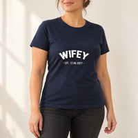Wifey Established Date Iron-On Transfer, shown on a navy t-shirt