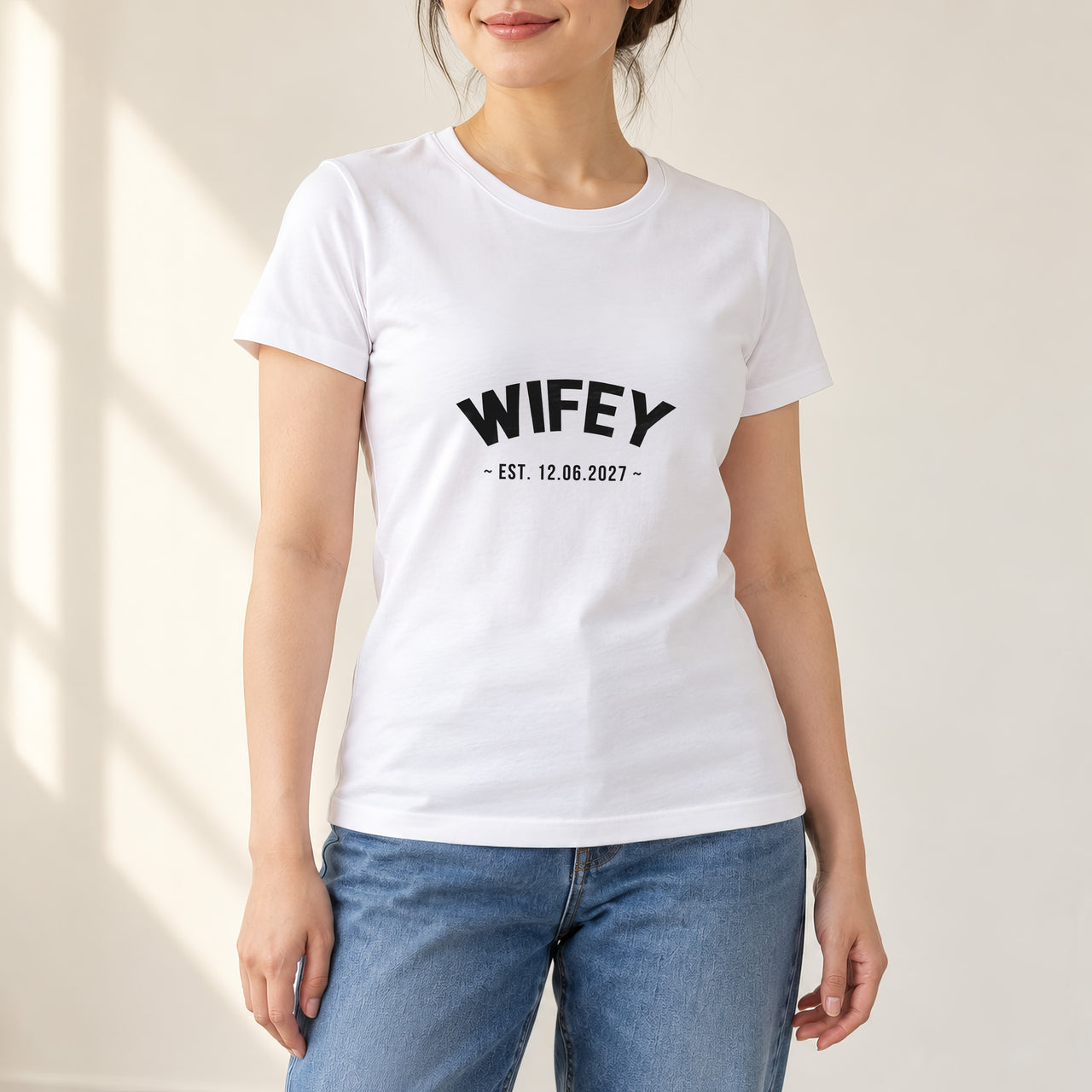 Wifey Established Date Iron-On Transfer, shown on a white t-shirt