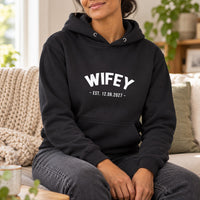 Wifey Established Date Iron-On Transfer, shown on a black hoodie