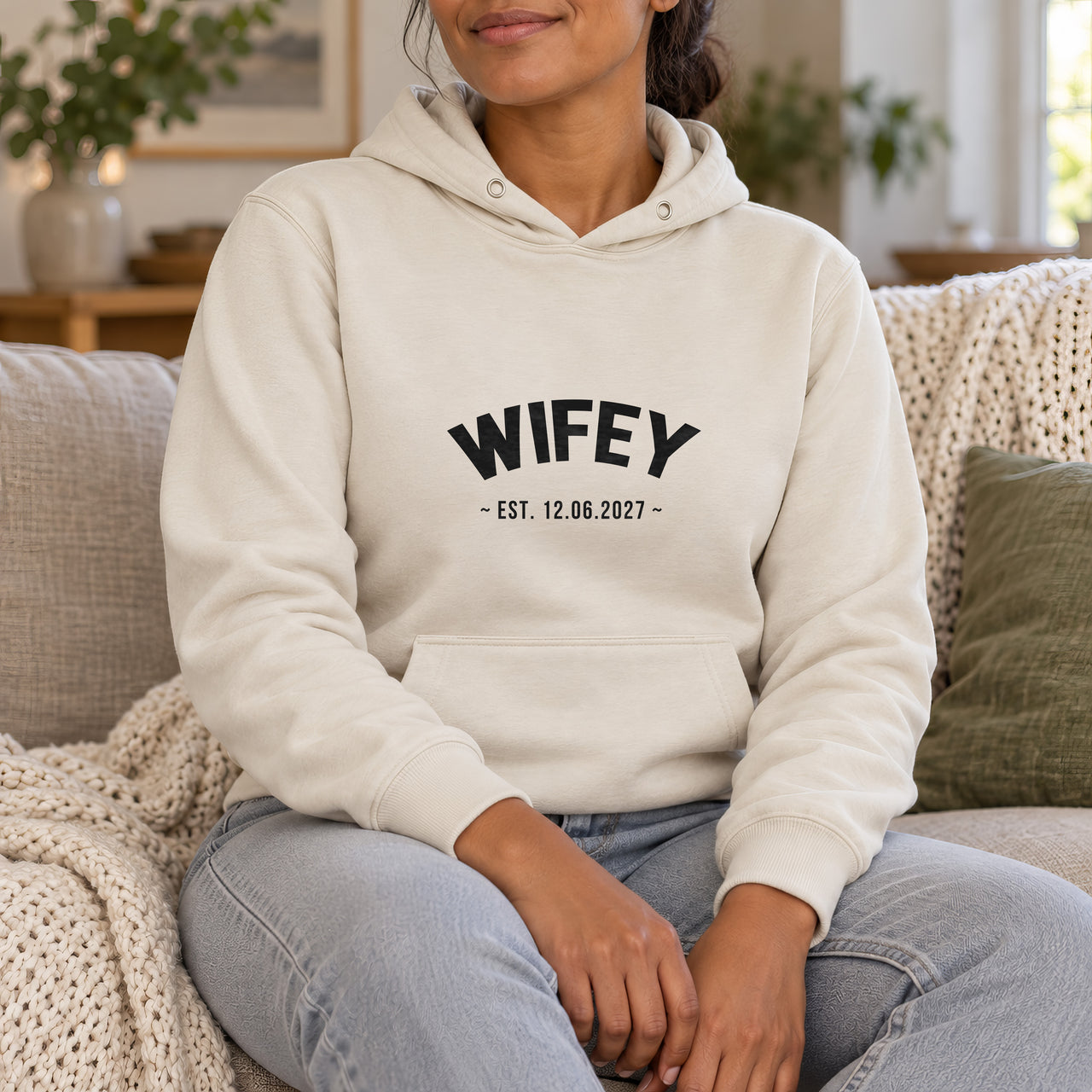 Wifey Established Date Iron-On Transfer, shown on a natural hoodie