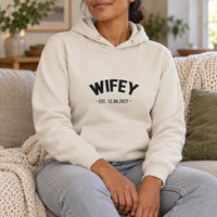 Wifey Established Date Iron-On Transfer, shown on a natural hoodie