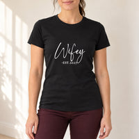 Wifey Heart Dot Est. Year Iron-On Transfer, shown on a black t-shirt
