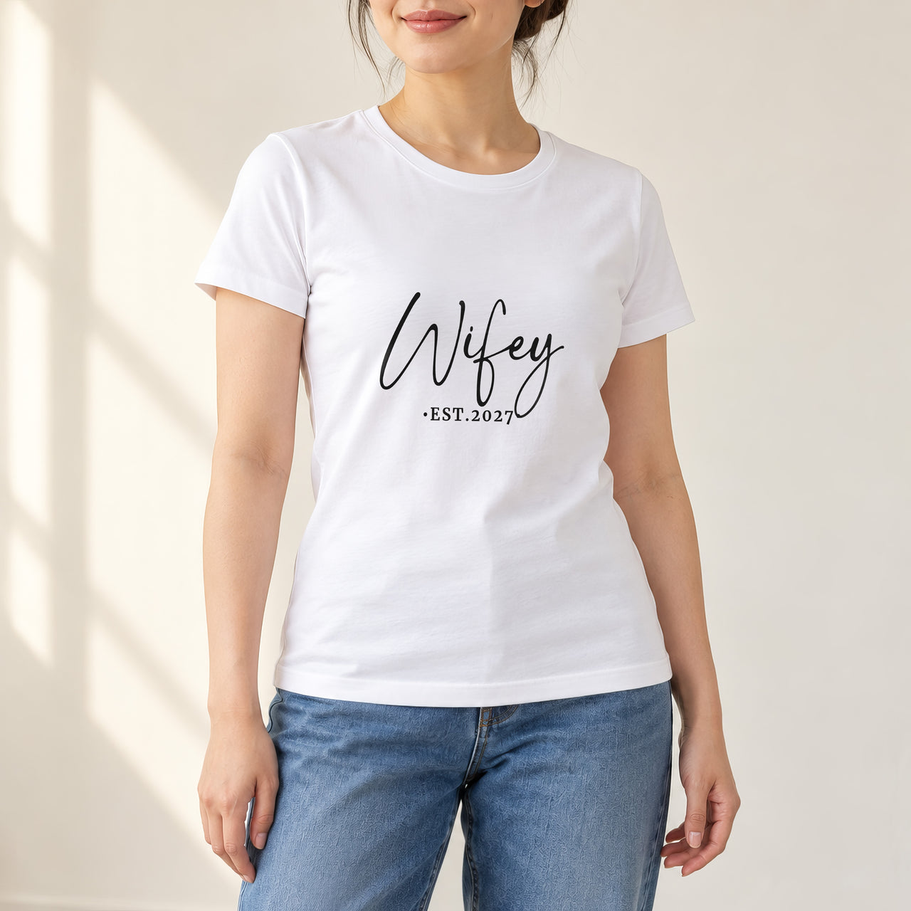 Wifey Heart Dot Est. Year Iron-On Transfer, shown on a white t-shirt