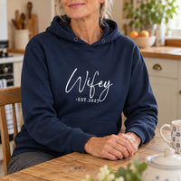 Wifey Heart Dot Est. Year Iron-On Transfer, shown on a navy hoodie