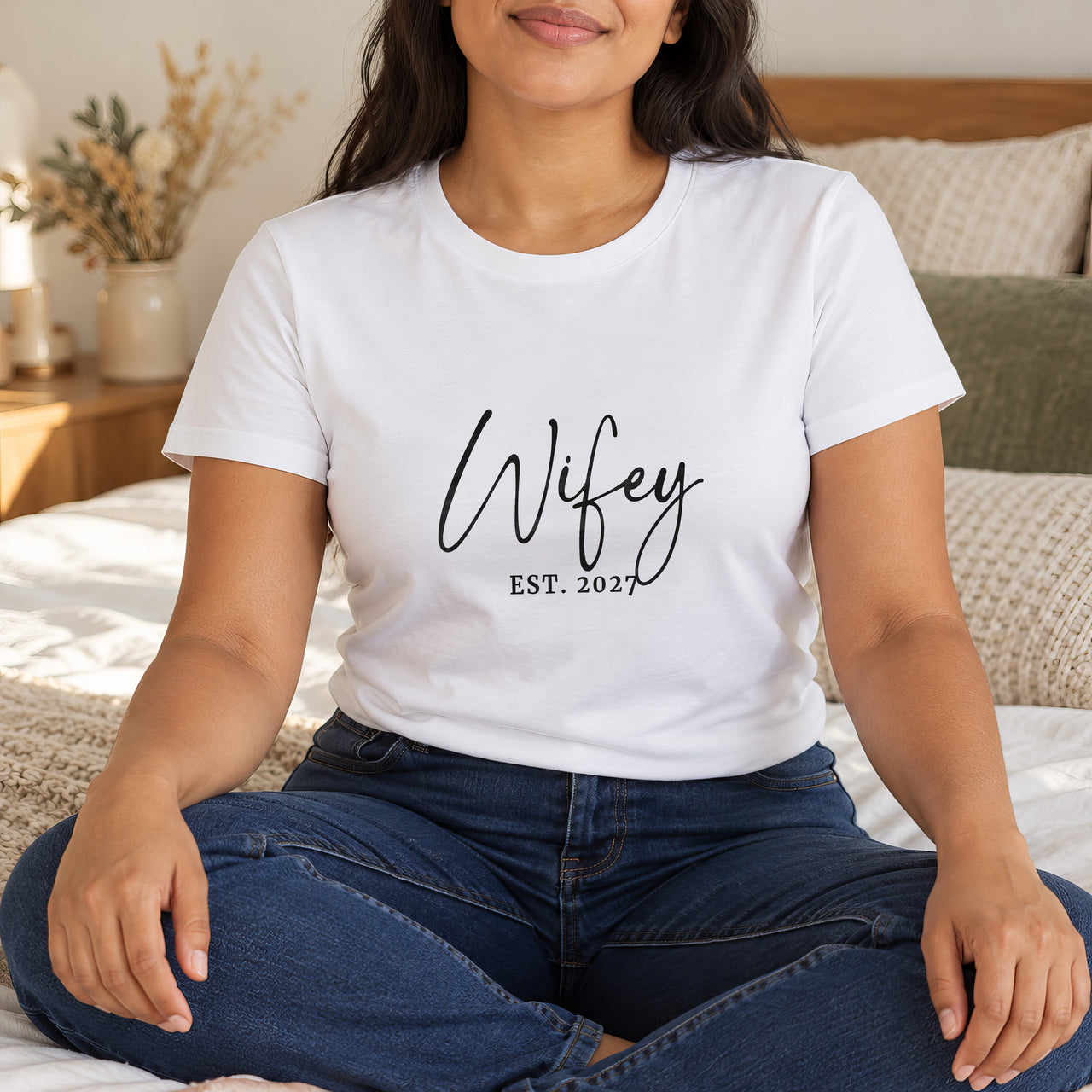 Wifey Script Est. Year Iron-On Transfer, shown on a white t-shirt