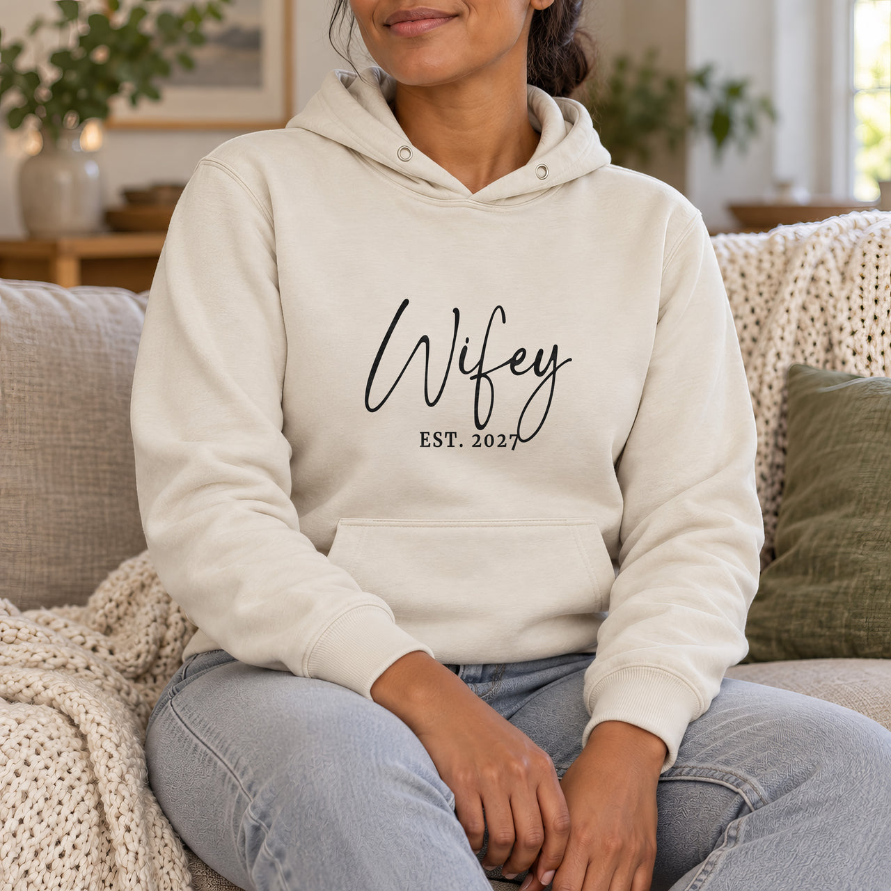 Wifey Script Est. Year Iron-On Transfer, shown on a natural hoodie